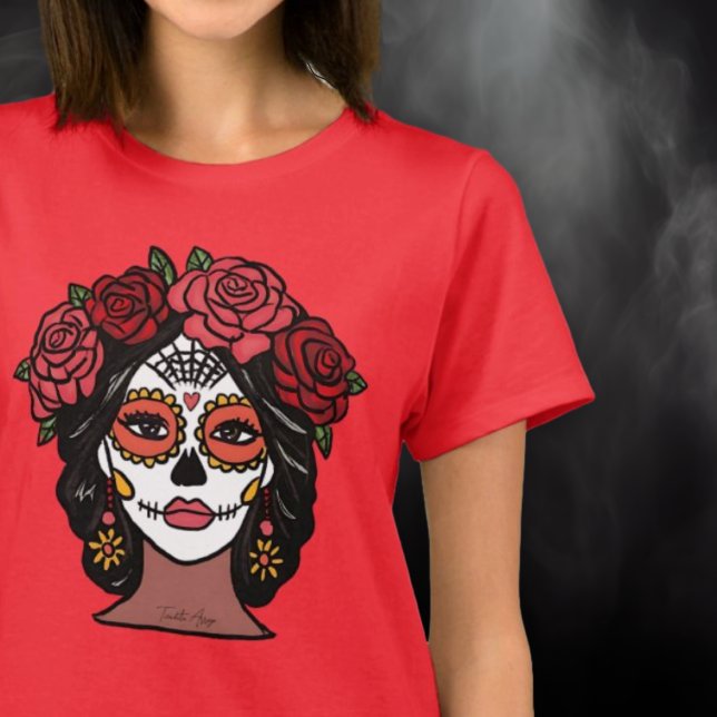 Camiseta Dia dos Mortos da Cartina com Rosas (Day of the Dead Catrina with Roses T-Shirt.)