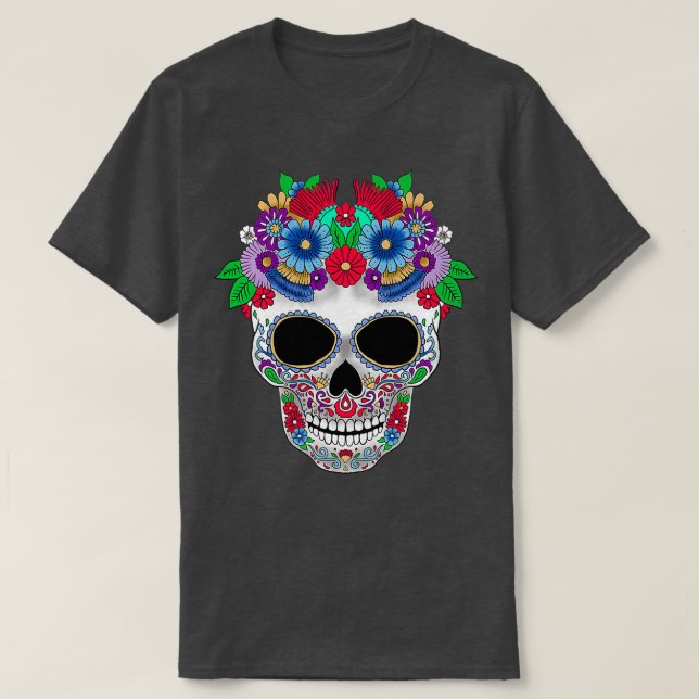 Camiseta Dia dos Mortos de Flores do Crânio do Açúcar (Frente do Design)