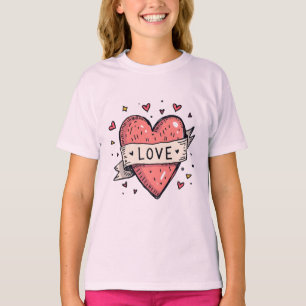 Camiseta Dia dos Namorados Coração Antigo Desenho à Mão Amo