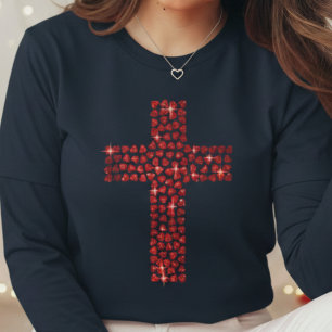 Camiseta Dia dos Namorados Cruz Cristã Corações Fé