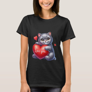 Camiseta Dia dos Namorados Gatinho Fofo Corações Balões Art