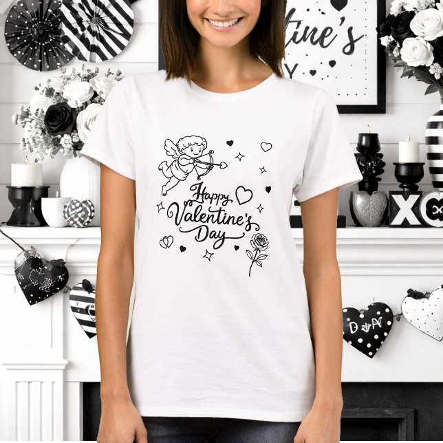 Camiseta Dia dos Namorados Querubim e Design Doodle Românti (Criador carregado)