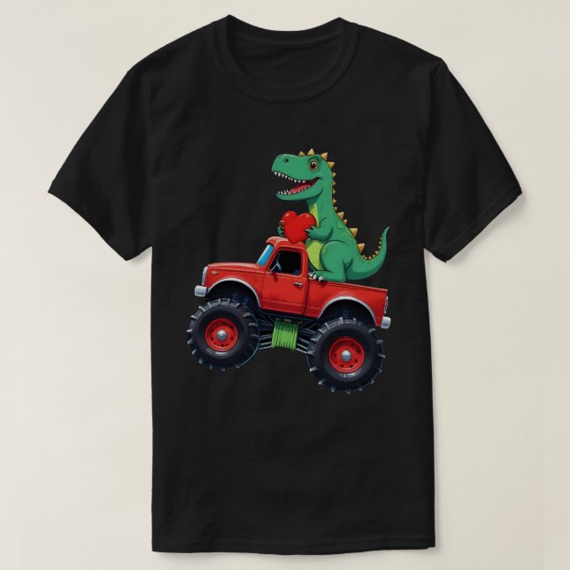 Camiseta Dia dos Namorados T Rex Pilotando Caminhão Monstro (Frente do Design)