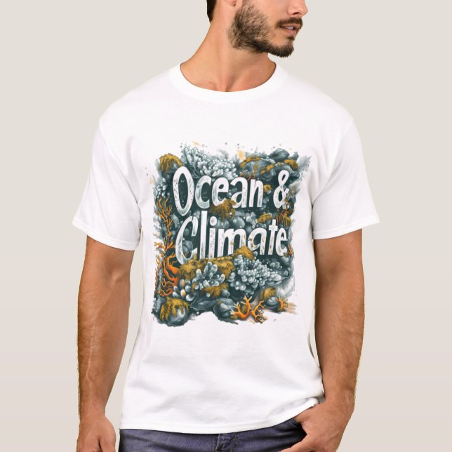 Camiseta Dia dos Oceanos - Texto sobre Oceanos e Clima com  (Frente)
