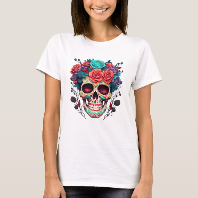 Camiseta Dia dos Rosas do Crânio do Açúcar Morto (Frente)