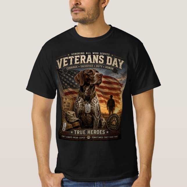 Camiseta Dia dos Veteranos Pointer de Cabelo Curto Alemão (Frente)