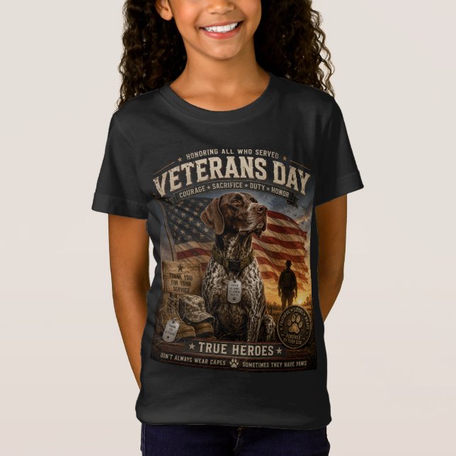 Camiseta Dia dos Veteranos Pointer de Cabelo Curto Alemão (Frente)