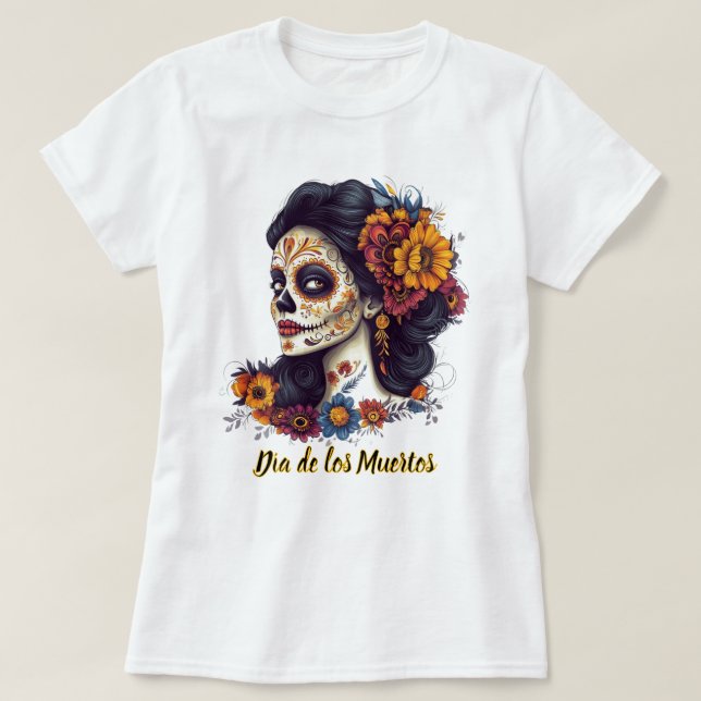 Camiseta Dia Elegante da Mulher do Crânio do Açúcar Morta (Frente do Design)