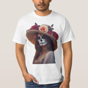 Camiseta Dia Elegante da Mulher Morta com Chapéu Floral