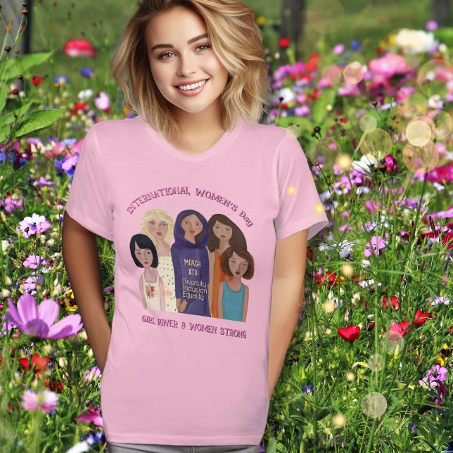 Camiseta Dia Internacional da Mulher | Poder feminino rosa (Women's Day _ Girl power pink T-Shirt -Meadow)