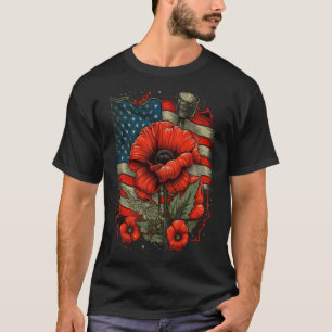 Camiseta Dia Memorial Red Poppy Flor Americana Bandeira Ame