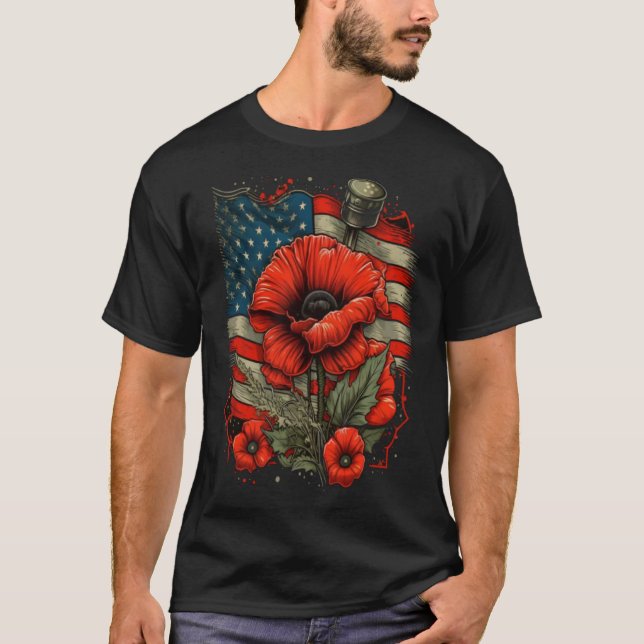 Camiseta Dia Memorial Red Poppy Flor Americana Bandeira Ame (Frente)