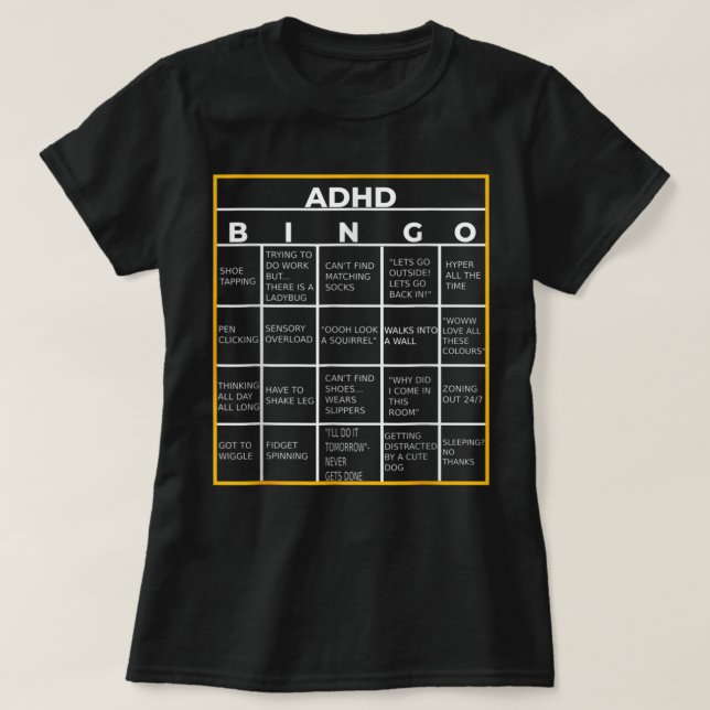 Camiseta Dia Mundial da Consciência Mental ADHD Bingo Engra (Frente do Design)