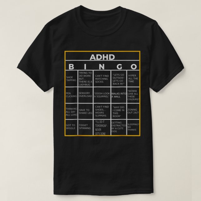 Camiseta Dia Mundial da Consciência Mental ADHD Bingo Engra (Frente do Design)