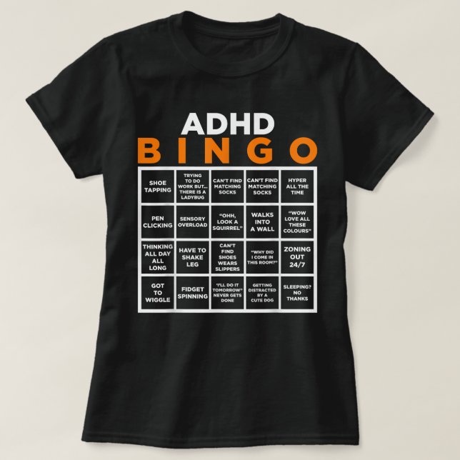 Camiseta Dia Mundial da Consciência Mental ADHD Bingo Engra (Frente do Design)