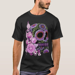 Camiseta Dia preto floral cor-de-rosa do crânio do açúcar