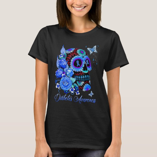 Camiseta Diabetes Awareness Skull Blue Ribbon Rose Butterfl (Frente)