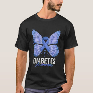 Camiseta Diabetes Consciência Mês Borboleta Escura Azul Rib