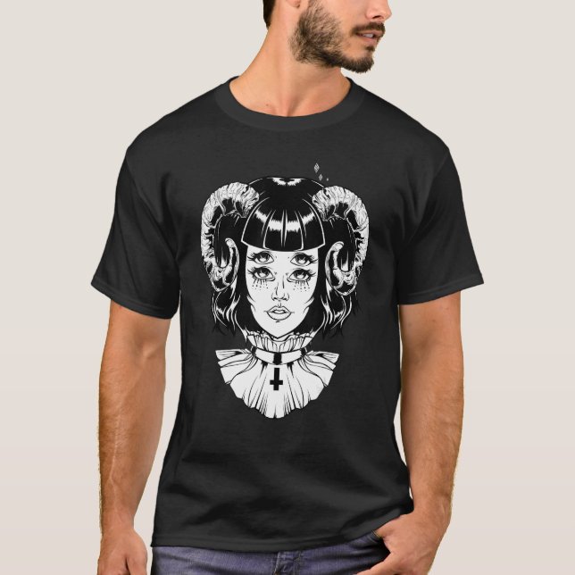 Camiseta Diabo Cornudo Satanás Halloween Glitch Goth Emo Pu (Frente)