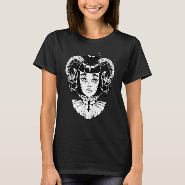 Camiseta Diabo Cornudo Satânico Halloween Glitch Goth Emo P (Frente)