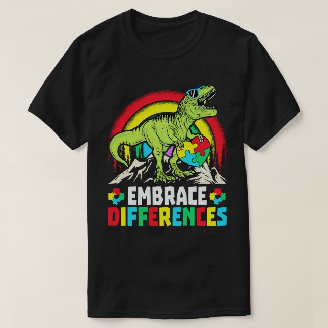 Camiseta Diferenças de Embrace T Rex Dinossaur Autism Aware (Frente do Design)