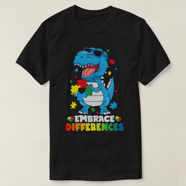 Camiseta Diferenças de Embrace T Rex Dinossaur Autism Aware (Frente do Design)