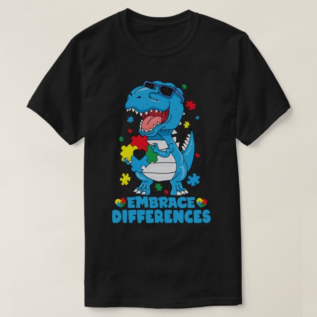 Camiseta Diferenças de Embrace T Rex Dinossaur Autism Aware (Frente do Design)