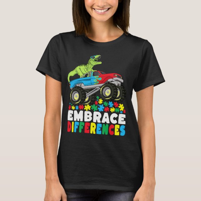 Camiseta Diferenças de Embrace T Rex Monster Truck Autismo (Frente)