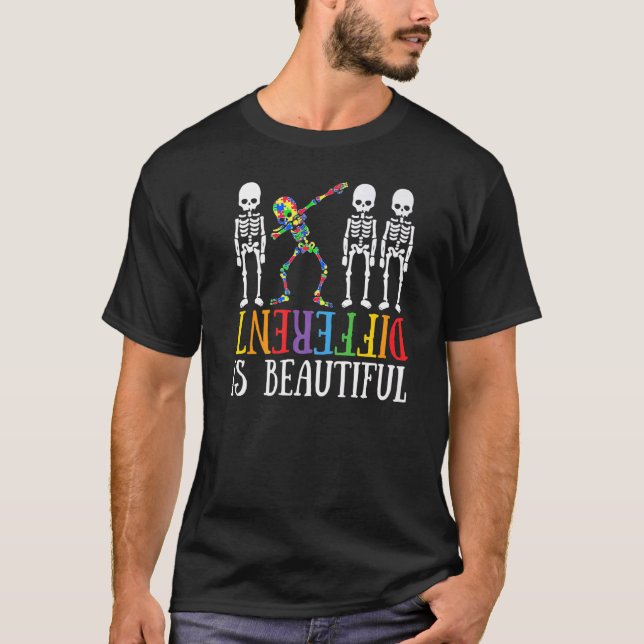 Camiseta Diferente É Bela Esqueleto Dançando Autism Awa (Frente)