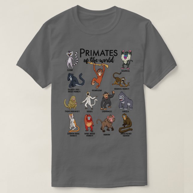 Camiseta Diferentes tipos de primatas de macacos (Frente do Design)