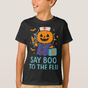 Camiseta Diga Boo À Enfermeira De Gripe Pumpkin Na Vacina D