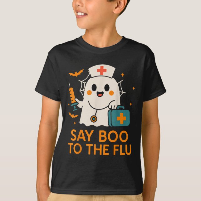 Camiseta Diga Boo À Enfermeira De Gripe Vacina De Halloween (Frente)