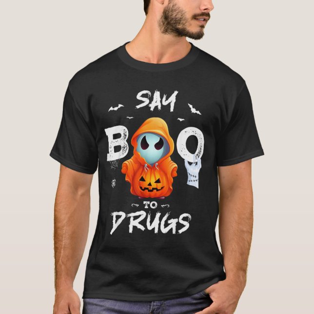 Camiseta Diga Boo às Drogas Engraçado Halloween Semana da F (Frente)