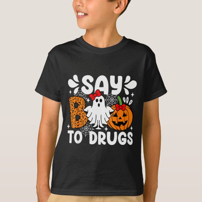 Camiseta Diga Boo às Drogas Funny Halloween Red Ribbon Week (Frente)
