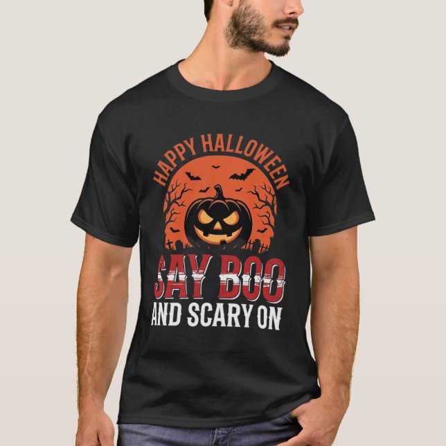 Camiseta Diga Boo Design de Abóbora de Halloween_1 (Frente)