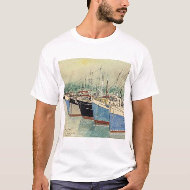 Camiseta Digby, Nova Escócia, barcos de pesca, aguarela (Frente)