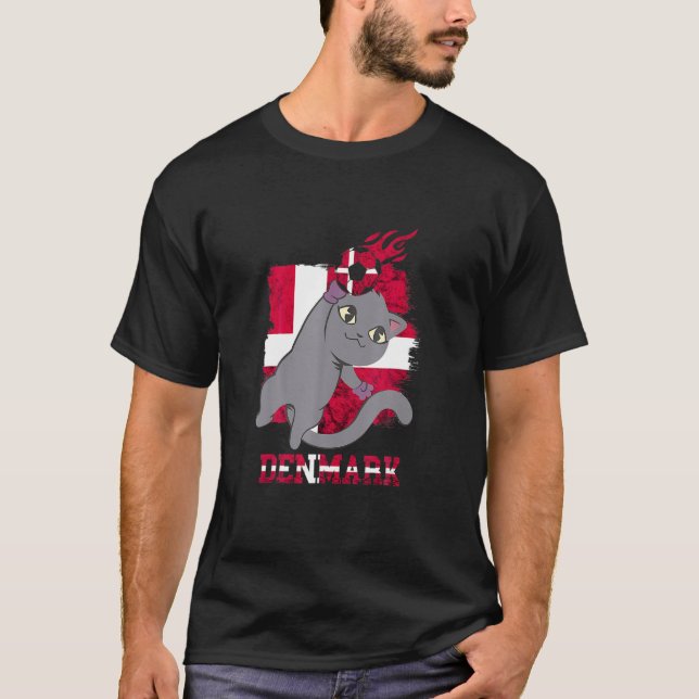 Camiseta Dinamarca Futebol Danes Cat Dinamarca Flag Dansk D (Frente)