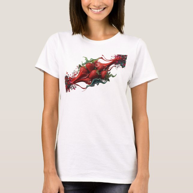 Camiseta Dinâmica Vermelha com Morangos Abstratos  (Frente)