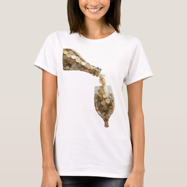 CAMISETA DINHEIRO É DERRAMADO DE UMA GARRAFA EM UM COPO CHE (Frente)