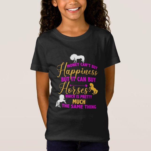 Camiseta Dinheiro pode Comprar Cavalos Amarelo Roxo (Frente)