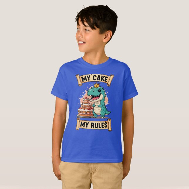 Camiseta Dino Birthday King My Cake My Rules (Frente Completa)