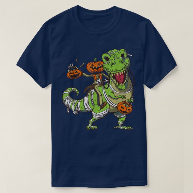 Camiseta Dino com Skeleton e Pumpkin Feliz Halloween  (Frente do Design)