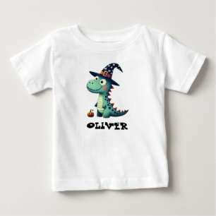 Camiseta Dino de Halloween Fofo Usando Chapéu de Bruxa