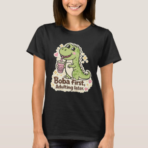Camiseta Dino fofo bebendo chá de bolhas, chá boba