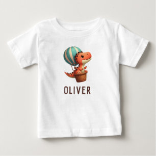 Camiseta Dino Fofo Voando em um Balão de Ar Quente