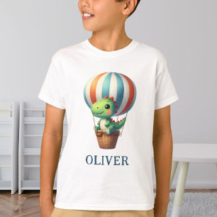 Camiseta Dino Verde Fofo Voa em um Balão de Ar Quente