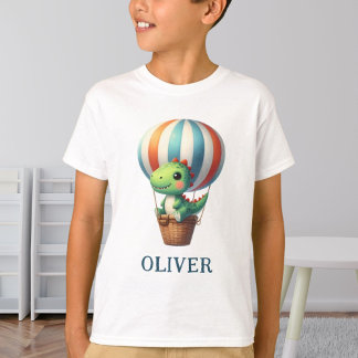 Camiseta Dino Verde Fofo Voa em um Balão de Ar Quente
