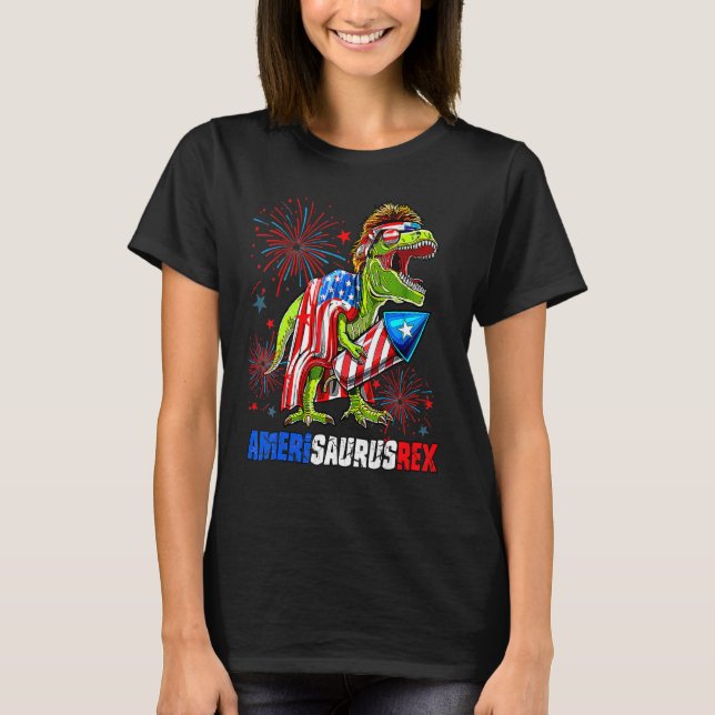 Camiseta Dinosaur 4th Of July Amerisaurus Rex American Flag (Frente)