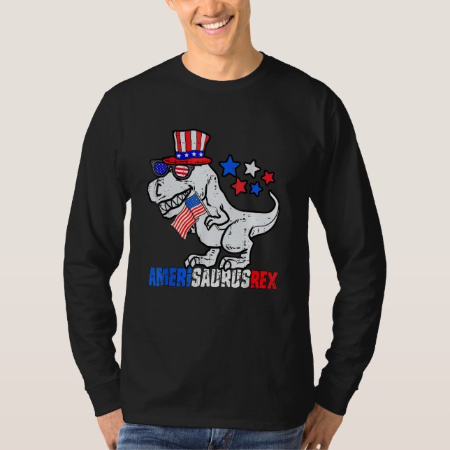 Camiseta Dinosaur 4th Of July Kids Boys Men Amerisaurus Rex (Frente)