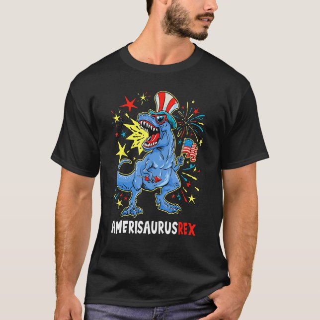 Camiseta Dinosaur 4th Of July US Flag Amerisaurus Res Patri (Frente)